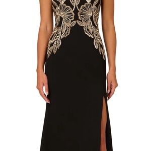 Adrianna Papell Black Maxi Dress with Gold Embroidery